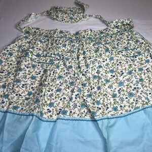 Vintage Handmade Half Apron W/ Pockets Cottagecore Country Cute Blue floral